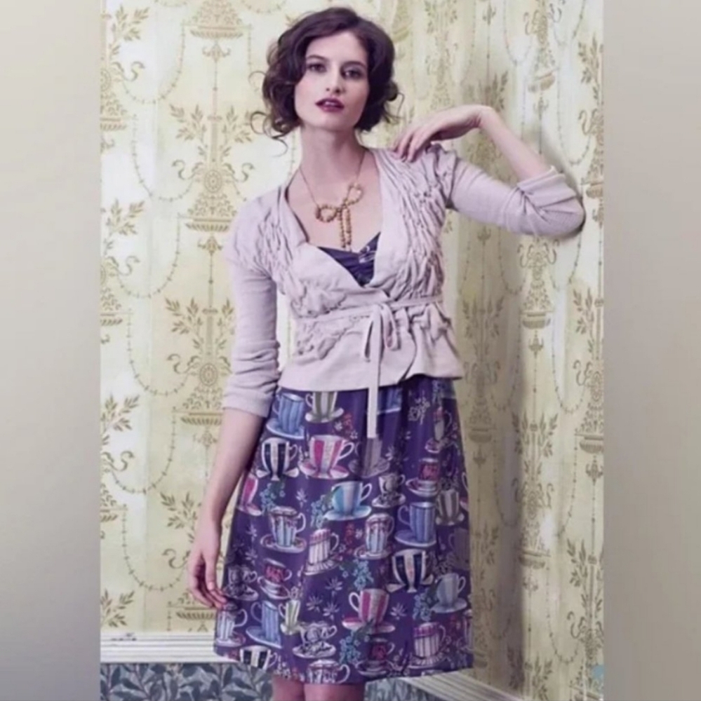 Anthropologie Dress By FLOREAT Teacup Print Purple Silk "Sugar & Cream Dress" - Picture 2 of 16